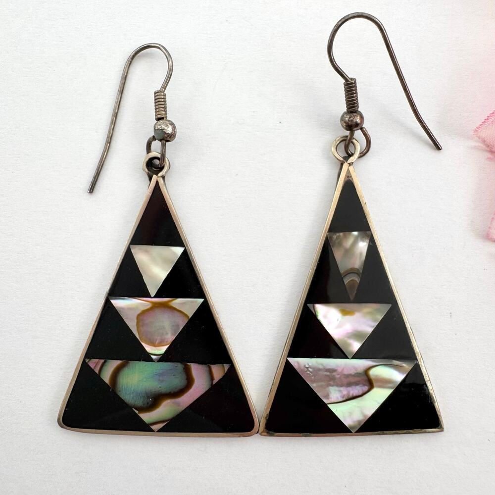 Alpaca Earrings Abalone Inlay Geometric Signed Boho Festival Beach Vacation
